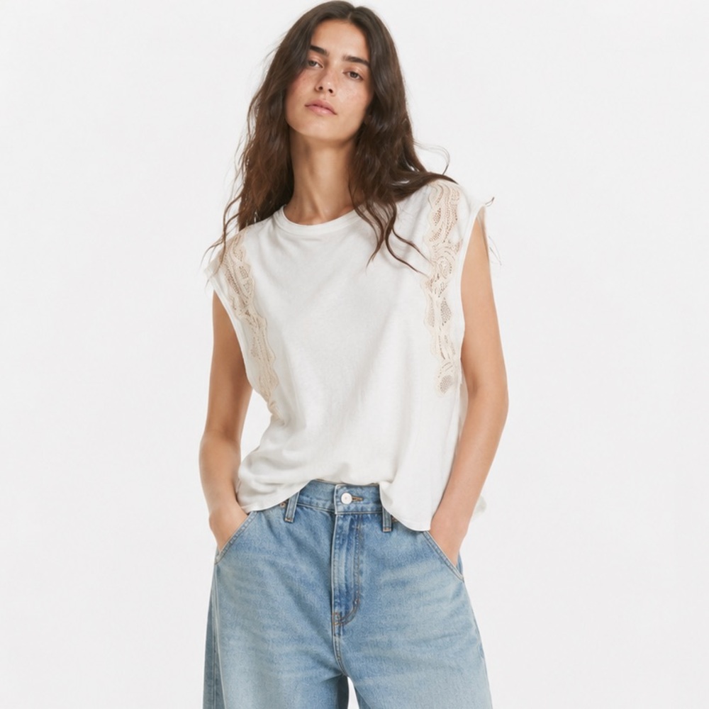 Tailored Free People Bonsai Cotton Crochet Muscle Tee white Medium